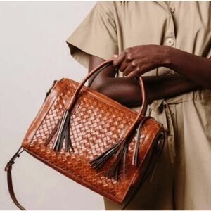 Noonday Collection Monterey Brown Basketweave Leather Handbag Shoulder Tassles